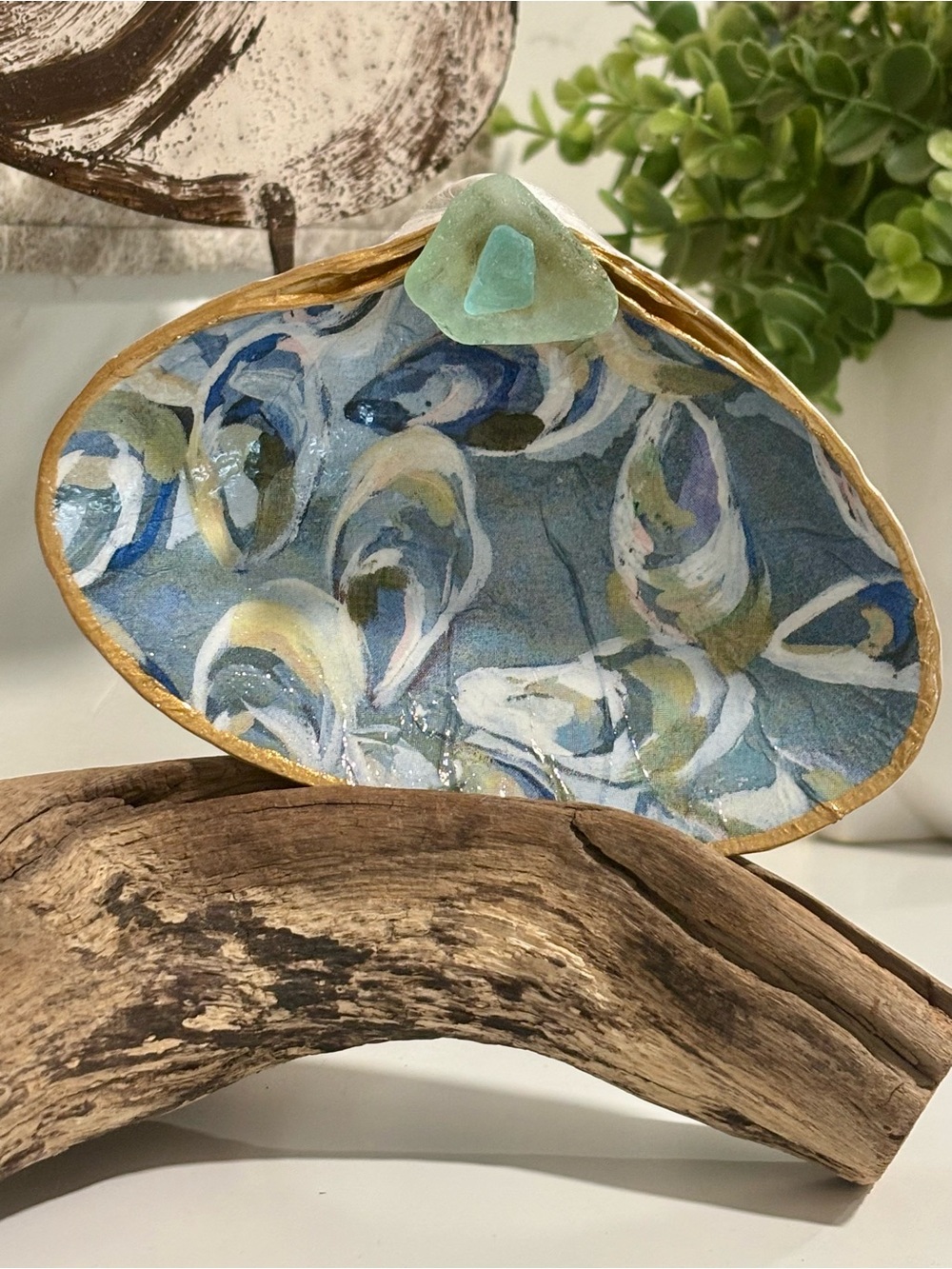 Handmade Abstract Oyster Clamshell Trinket Dish with Gold Rim